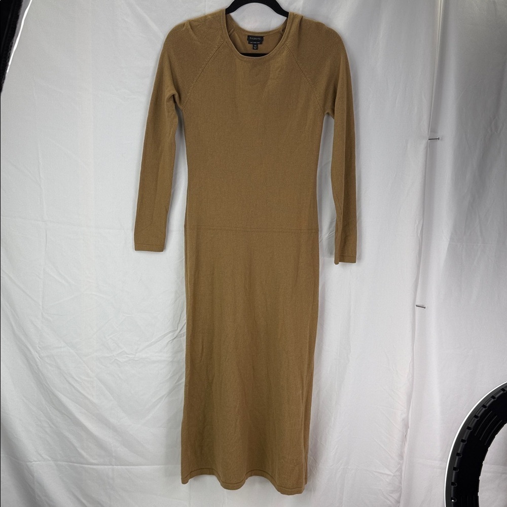 Talbots Classic Women's Long Sleeve Tan Dress Size XS 100% Pure Merino Wool - Picture 2 of 6